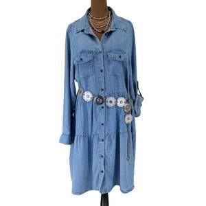Velvet Heart Women 1X Blue Tencel Lyocell Tier Button Down Shirt Dress Long Slv
